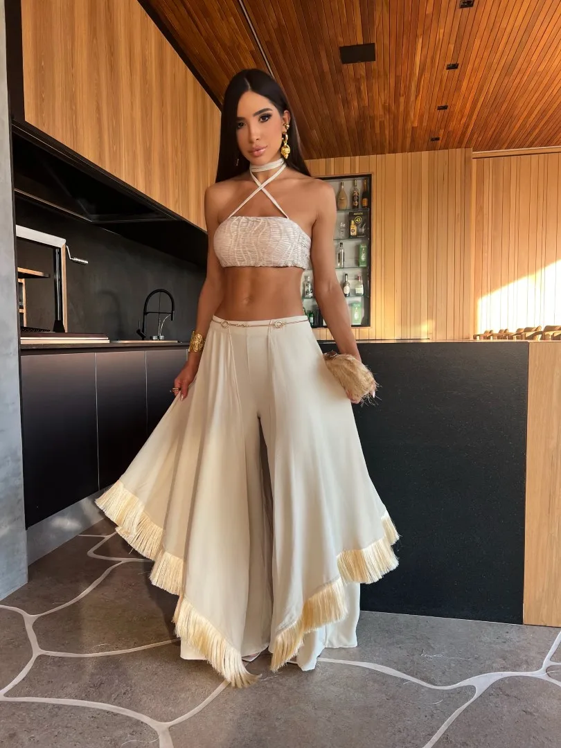 2025 Style Tassels Women Pants Set With Halter Top Sexy Fashion Off Shoulder Short Top Lady High Street Outfits Holiday Cloth