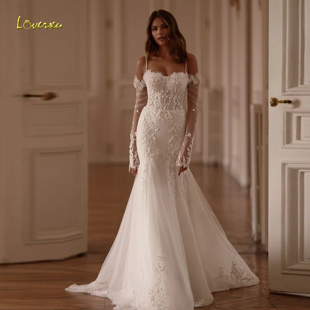 

Loverxu Mermaid Sexy Wedding Dresses Sweetheart Spaghetti Straps Vestido De Novia Lace Appliques Elegant Custom Made Bridal Gown