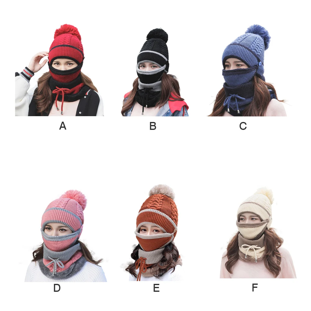 3 Pcs set Cycling Beanie Windproof Scarf Face Cover Hat Winter Warm Snow Knitted Cap  Pink