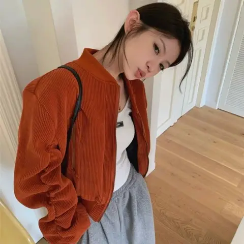 Vintage Orange Corduroy Jacka Dam Stand Collar Kappa Plisserad Höstjacka 10 best sales orange jacka för kvinnor - №9