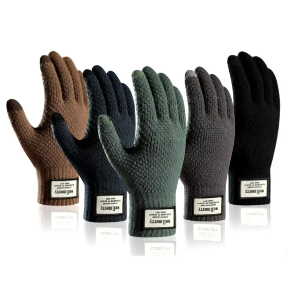 Luvas masculinas de malha touch screen, mitten monocromática de caxemira, grossa, quente, lã, negócios, inverno, outono, alta qualidade