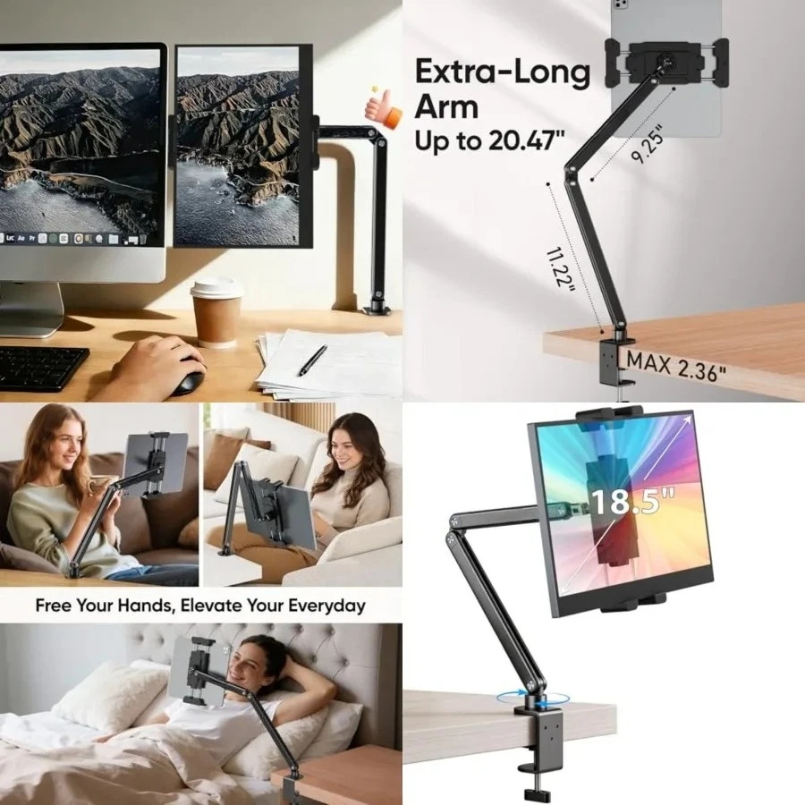 

Portable Monitor Stand 15.6", iPad Stand for Desk, Portable Monitor Holder up to 18.5", Adjustable Desktop Tablet Arm Mount, Apple iPad Holder for Desk, for 4.7"-12.9" iPad Pro/Air/Mini