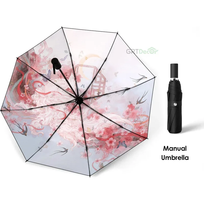 Chinese Style Nine Tailed Fox Automatic Umbrellas Women Sunscreen