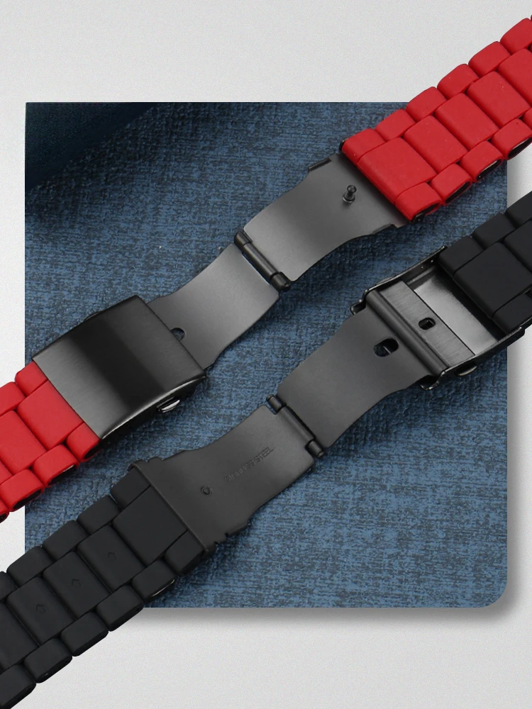 For Diesel Diamond Red Black Large Dial Special Fold Buckle Watch Strap 24 26 28mm Silicone Coated Steel Rubber Accessories