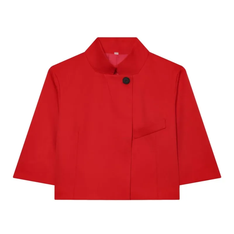 Women's Cropped Short Blazer New 2026 Spring Summer High-Neck Short Sleeve Button Simple Solid Women Coat Female Chic Tops