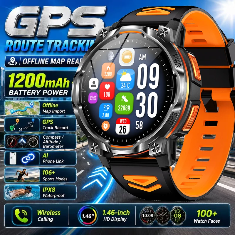 2026 New Men Outdoor Sports GPS Smart Watch Military Compass IPX8 Waterproof 1200mAh Battery Bluetooth Call AMOLED HD Smartwatch