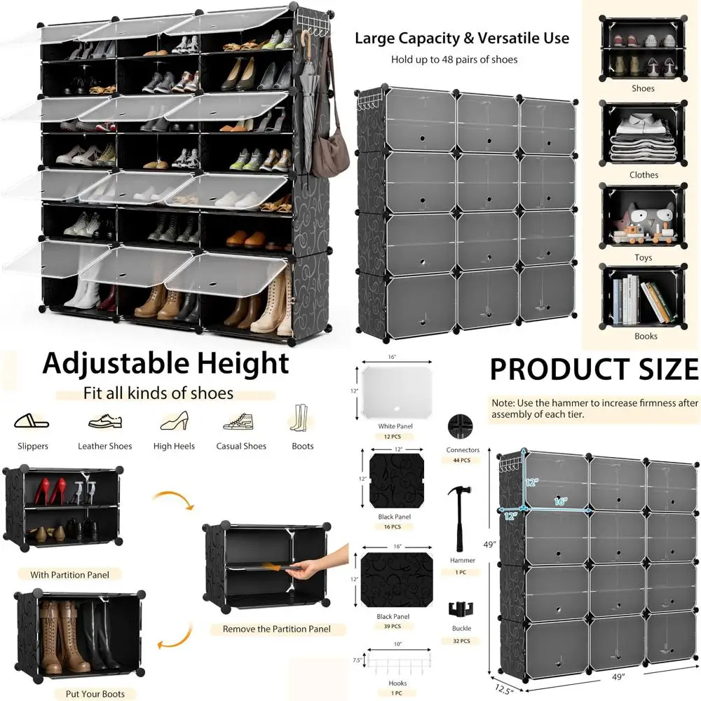 

Expandable 48-Pair Modular Shoe Storage Cabinet with Adjustable Panels and Doors, DIY 8-Tier Shoe Rack Organizer for Home