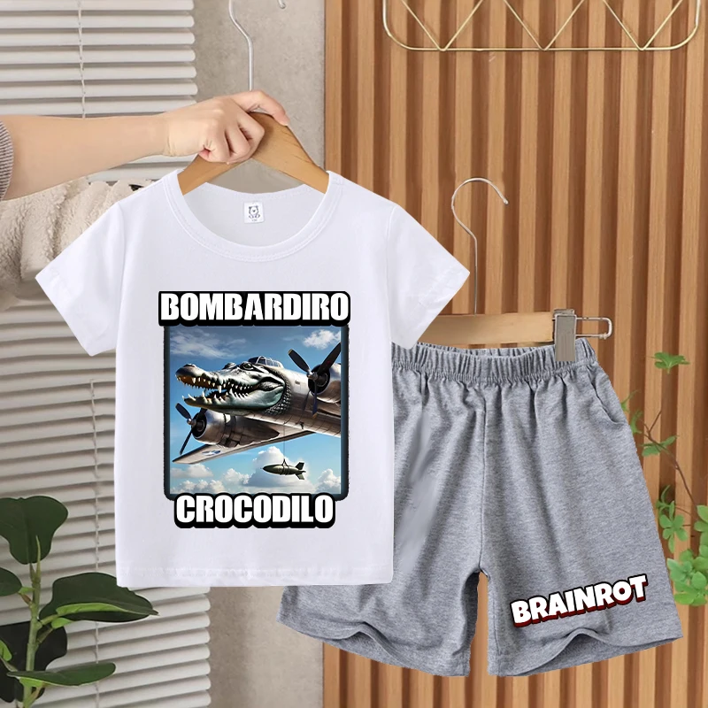 Brainrot italiano crianças camiseta shorts conjunto de algodão verão meninos roupas aniversário presentes moda em torno do pescoço impresso crianças roupas