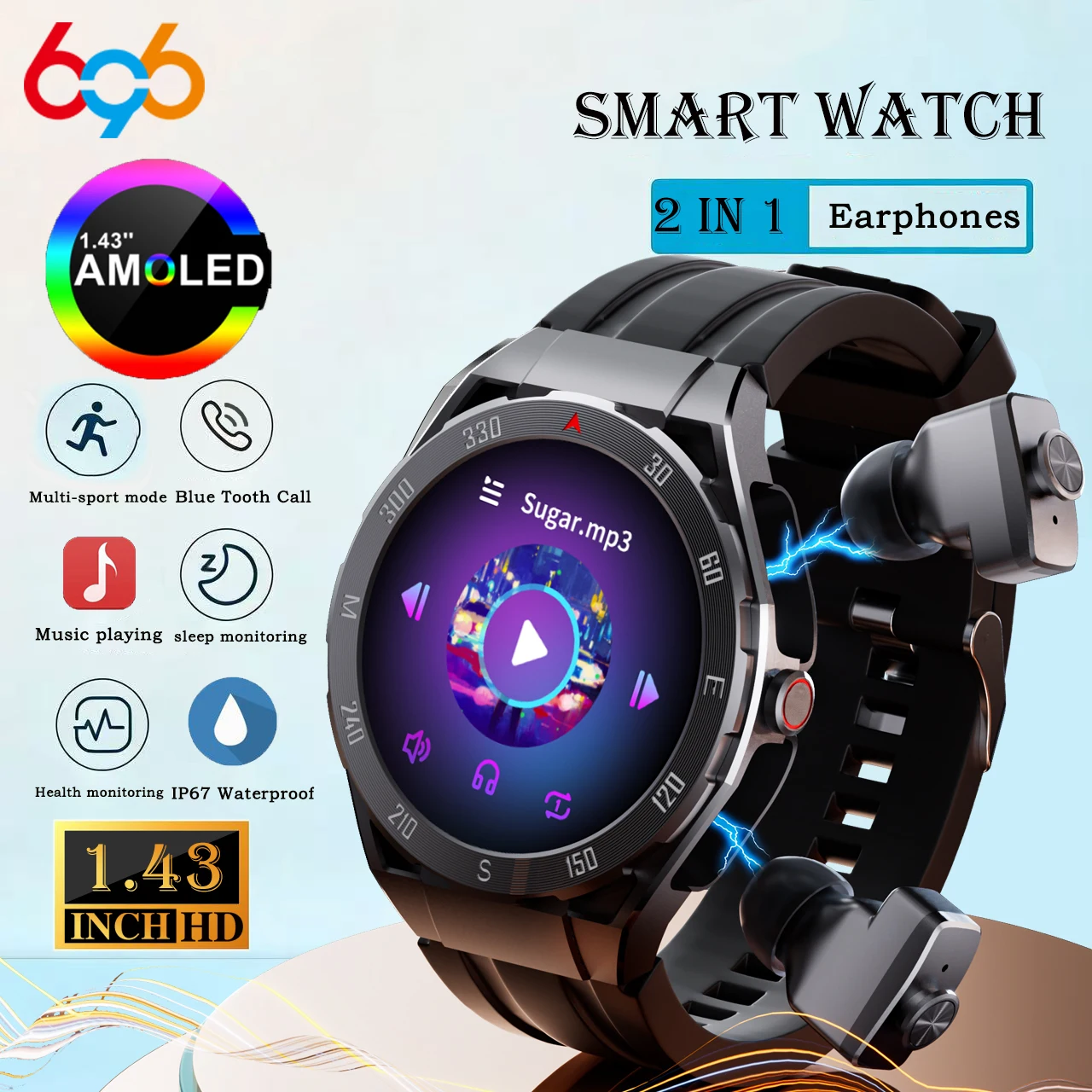 

Модные умные часы 2-в-1 с TWS-наушниками, воспроизведением музыки, Bluetooth-звонками, функциями для здоровья и спорта, AMOLED-экраном и наушниками-вкладышами.