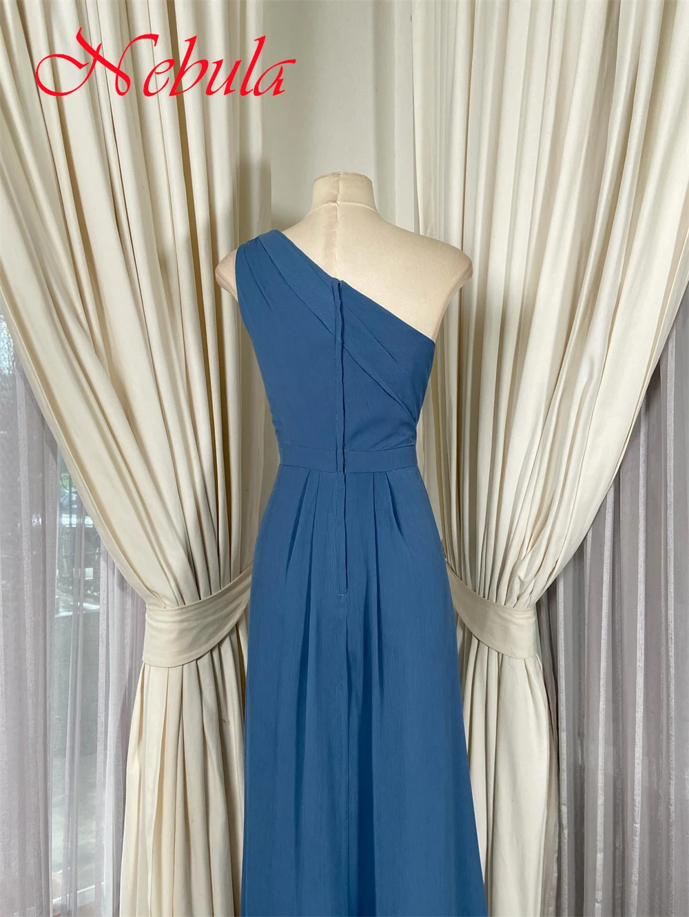 

Customized Temperament Blue Chiffon Evening Dress High Quality Boat Neck One Shoulder Short Sleeves Special Occasion Gowns