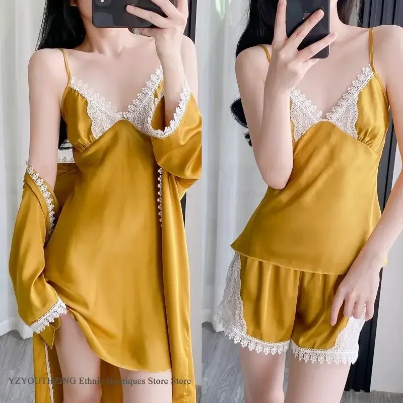 مثير الدانتيل 4 قطعة منامة مجموعة الصيف جديد النساء ملابس المنزل رداء النوم كامي السراويل البيجامات دعوى فضفاضة الساتان ملابس خاصة Homewear