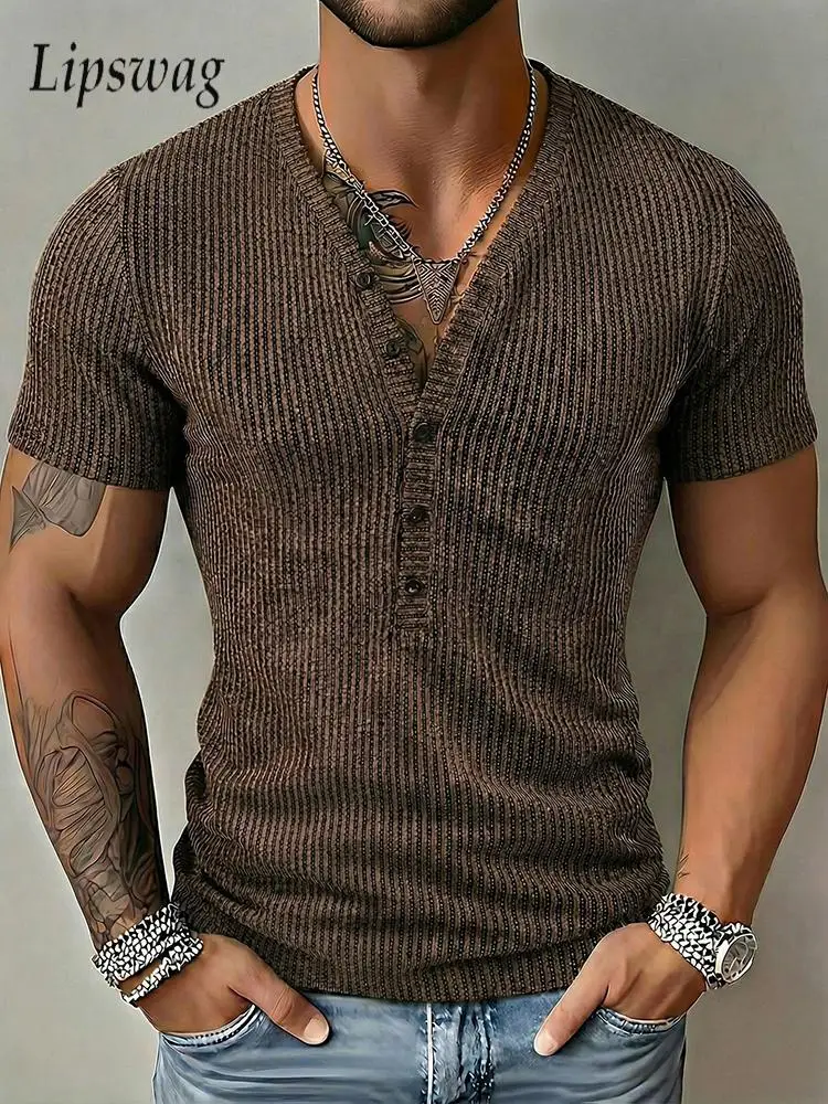 Neue Lässige Herren Einfarbige Gerippte Oberteile Sommer Freizeit Slim Fit Kurzarm V-Ausschnitt T-Shirts Herren Vintage Knopfleisten-Pullover Tees