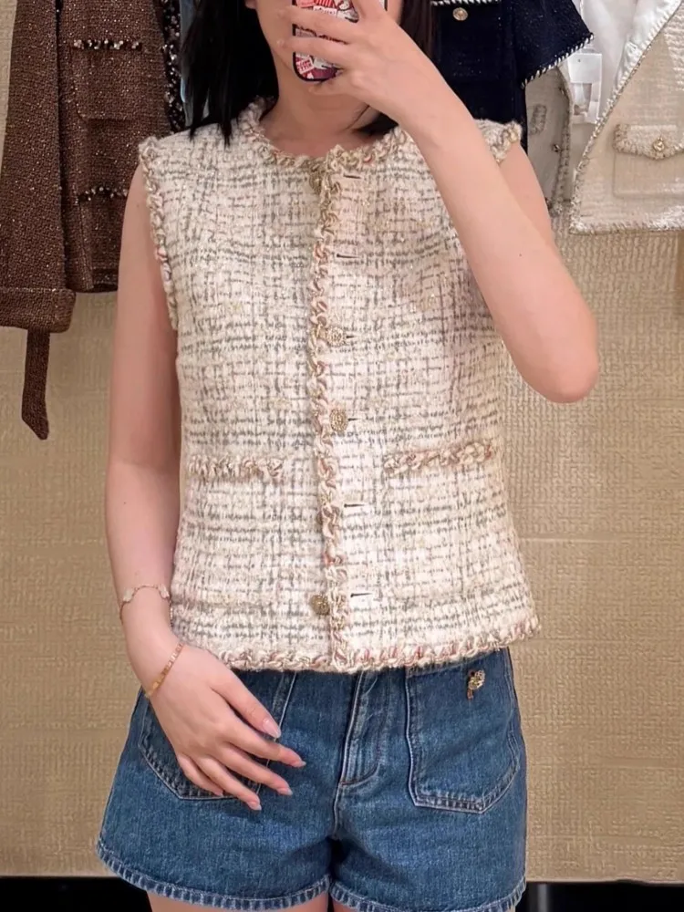 Fashion Women Tweed Sleeveless Jacket Single Breasted O Neck Casual Plaid Waistcoat Elegant Office Women Slim Fit Short Vest