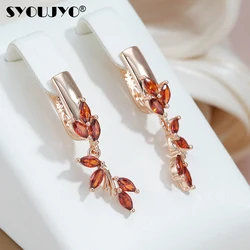 SYOUJYO 585 Rose Gold Color Long Drop Earrings For Women Orange Natural Zircon Bride Wedding Jewelry Vintage Leaf Dangle Earring