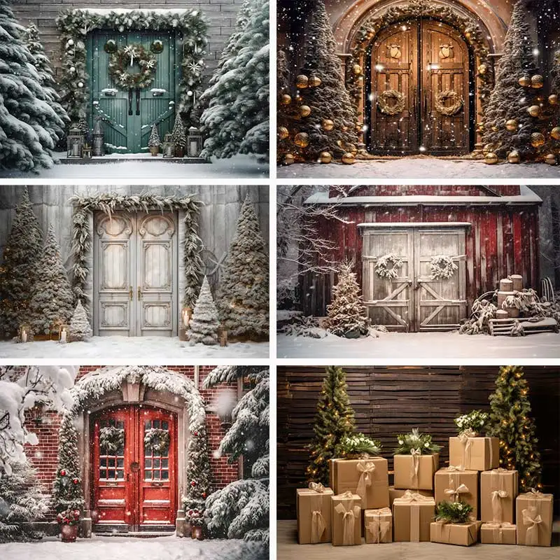 Fondo de fiesta con puerta de nieve de Navidad para adultos, fotografía de cumpleaños, pastel, Smash, árboles, luces, regalos, estudio de sesión de fotos