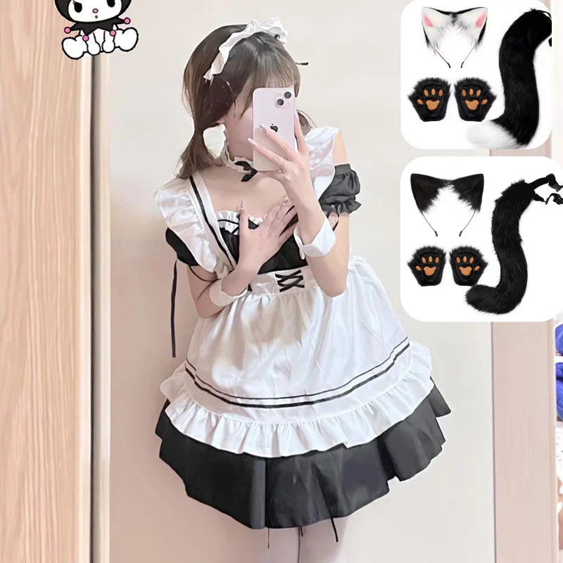 

Black White Lolita Maid Costume Cosplay Costumes Halloween Fox Cat Ears Headwear Fluffy Animal Ears Headband Party Accessories