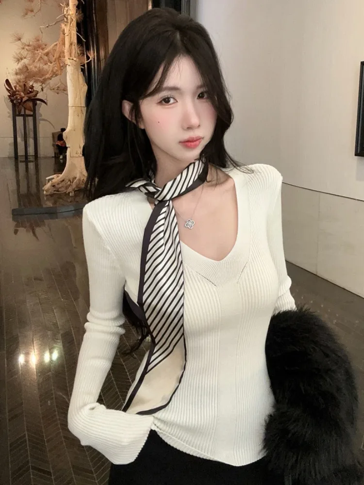 

Sexy V-Neck Knitted Top with Silk Scarf Belted Straight Leg Slimming Single Wear Pure Color French Style plus Size Knitted Sw...
