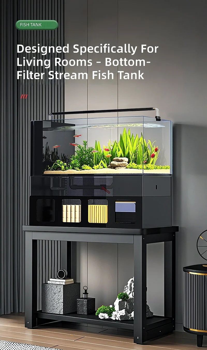 Aquarium Set, Eco-Friendly Home Decor, Complete Kit, Bottom Filter, Small Desktop Tank, Medium Ultra-Clear Glass, Stream Design