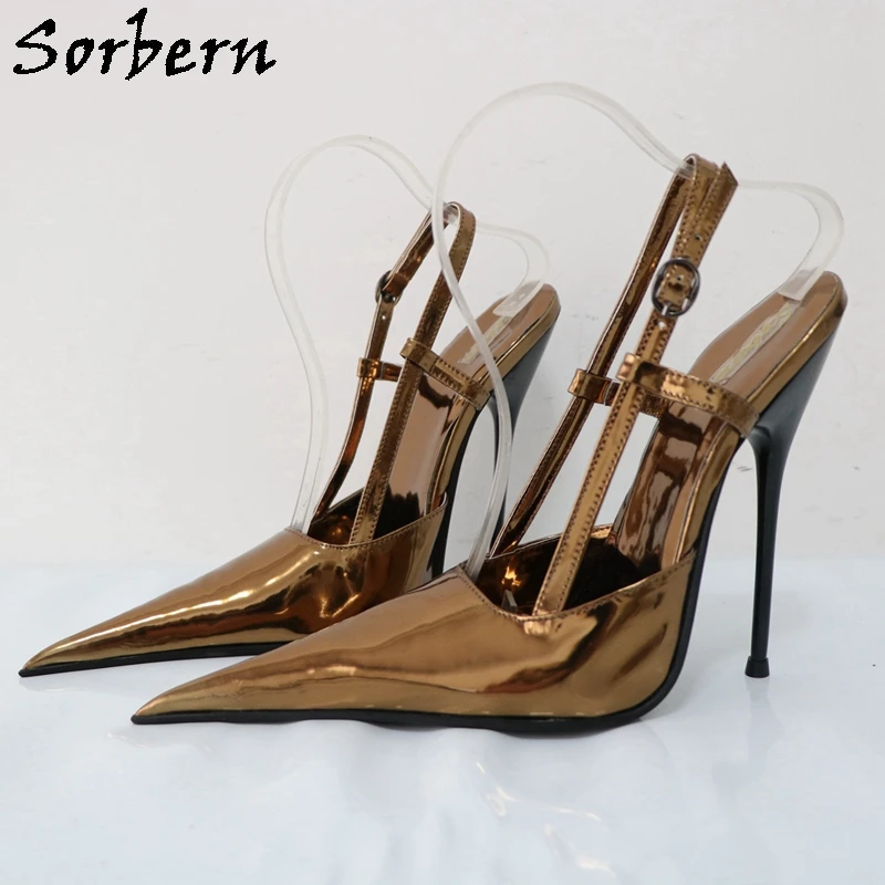 

Sorbern Sexy Metallic Brown Slingback Women Pump Shoes Pointy Toes 14Cm Metal High Heel Stilettos Custom Colors