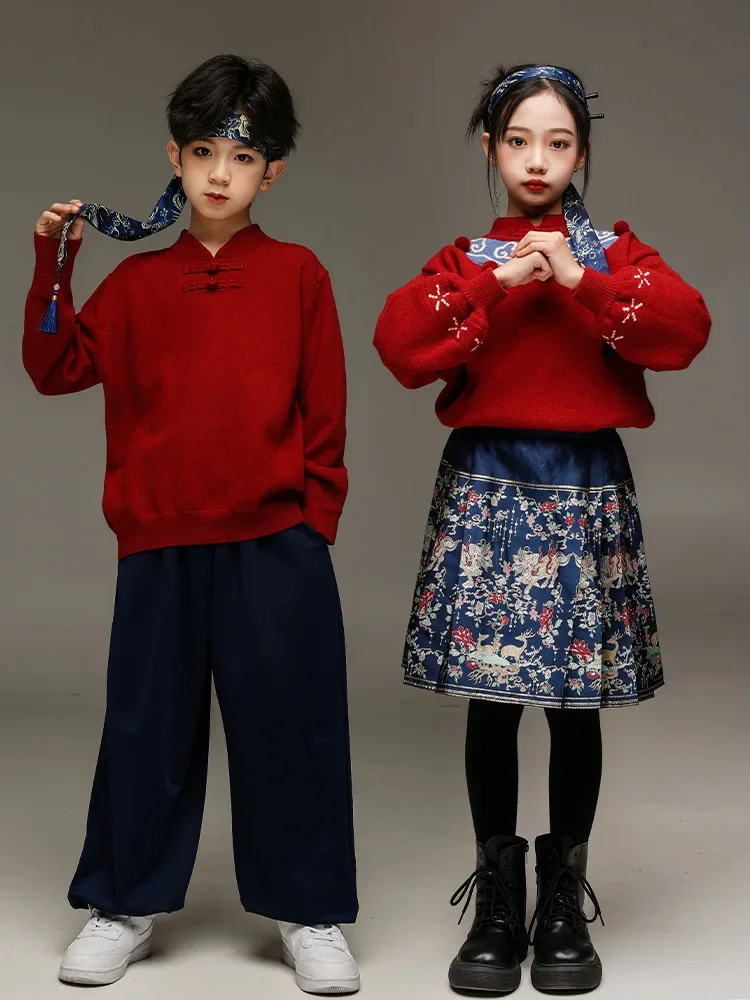 

Boys Red Hip Hop Costume Red Top Pants Horse Face Skirt for Girls Kids Jazz Clothes Street Dance Stage Set