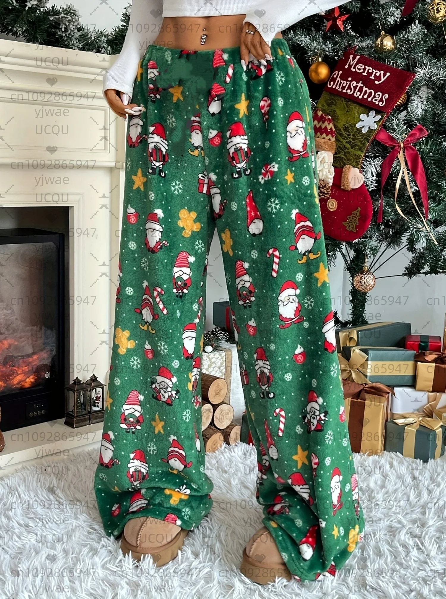 2025, Damen-Pyjamahose mit Weihnachts- und Weihnachtsmann-Aufdruck, lockere Plüschhose – lockere Pyjama-Hose mit Farbblockierung, Damenbekleidung