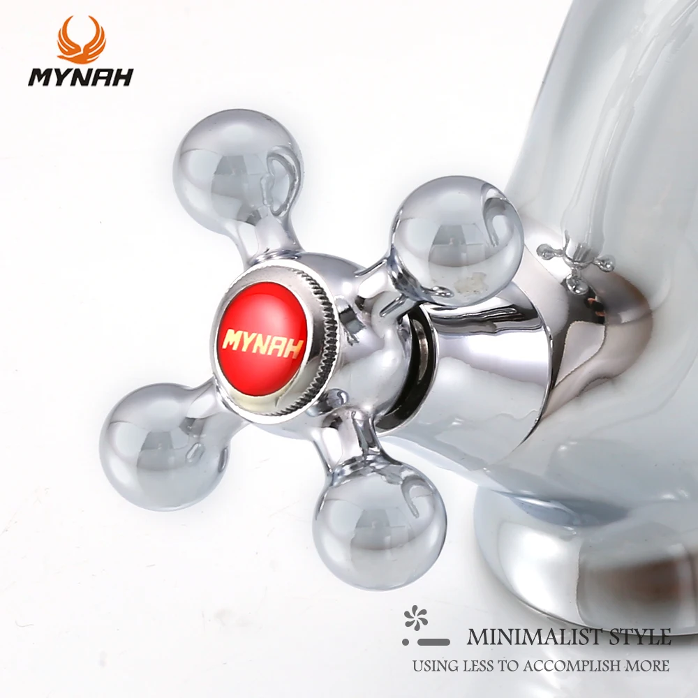 Imagem -03 - Mynah Dual Handle Basin Faucet Cromado Banheiro Torneiras de Água Fria e Quente Misturador de Água de Furo Único