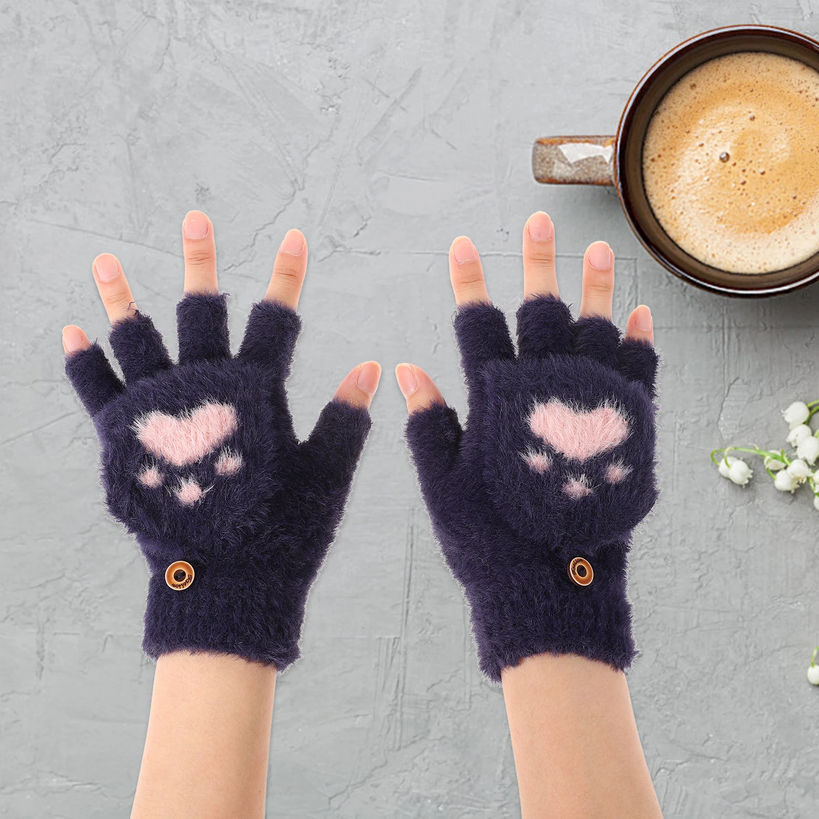 

1 Pair Cat Paw Winter Warm Knitted Convertible Flipping Gloves Elastic Thermal Mitten For Women Outdoor