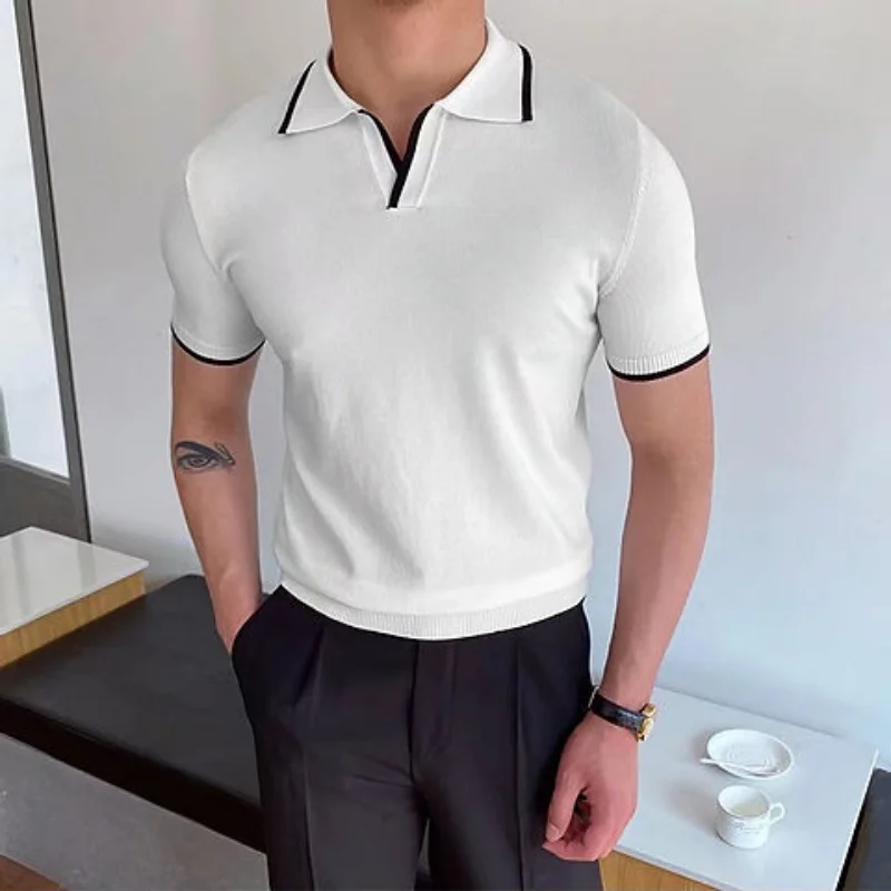 Fashion Simple Casual Summer New Panelled Polo Shirt Men\'s Lapel Patchwork Versatile Short Sleeved Versatile Slim Elasticity Top