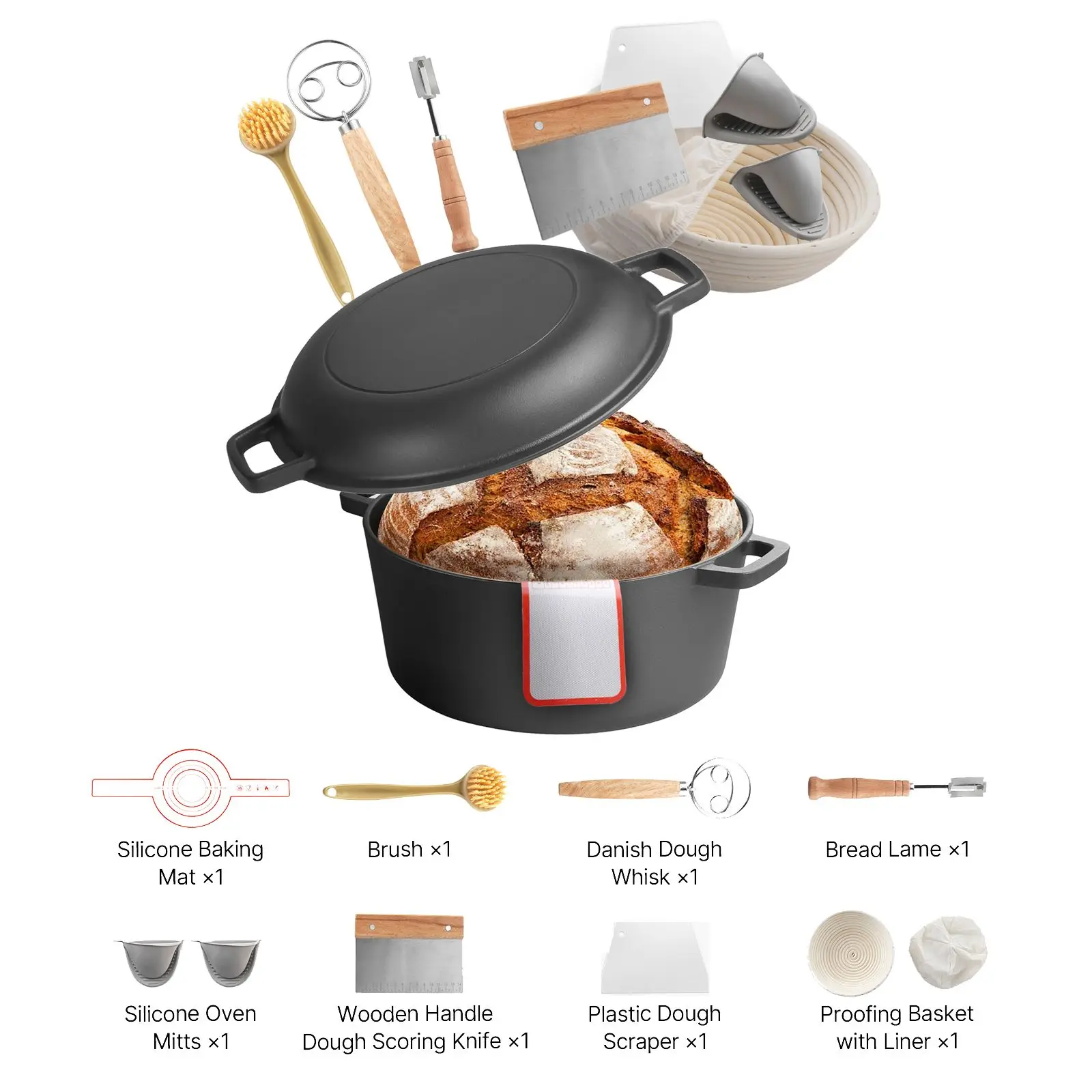 Cast Iron Dutch Oven, 2-in-1 Pre-Seasoned Pot with Skillet Lid, 5QT Cookware Pan Proofing Basket, Bread Baking Accessories