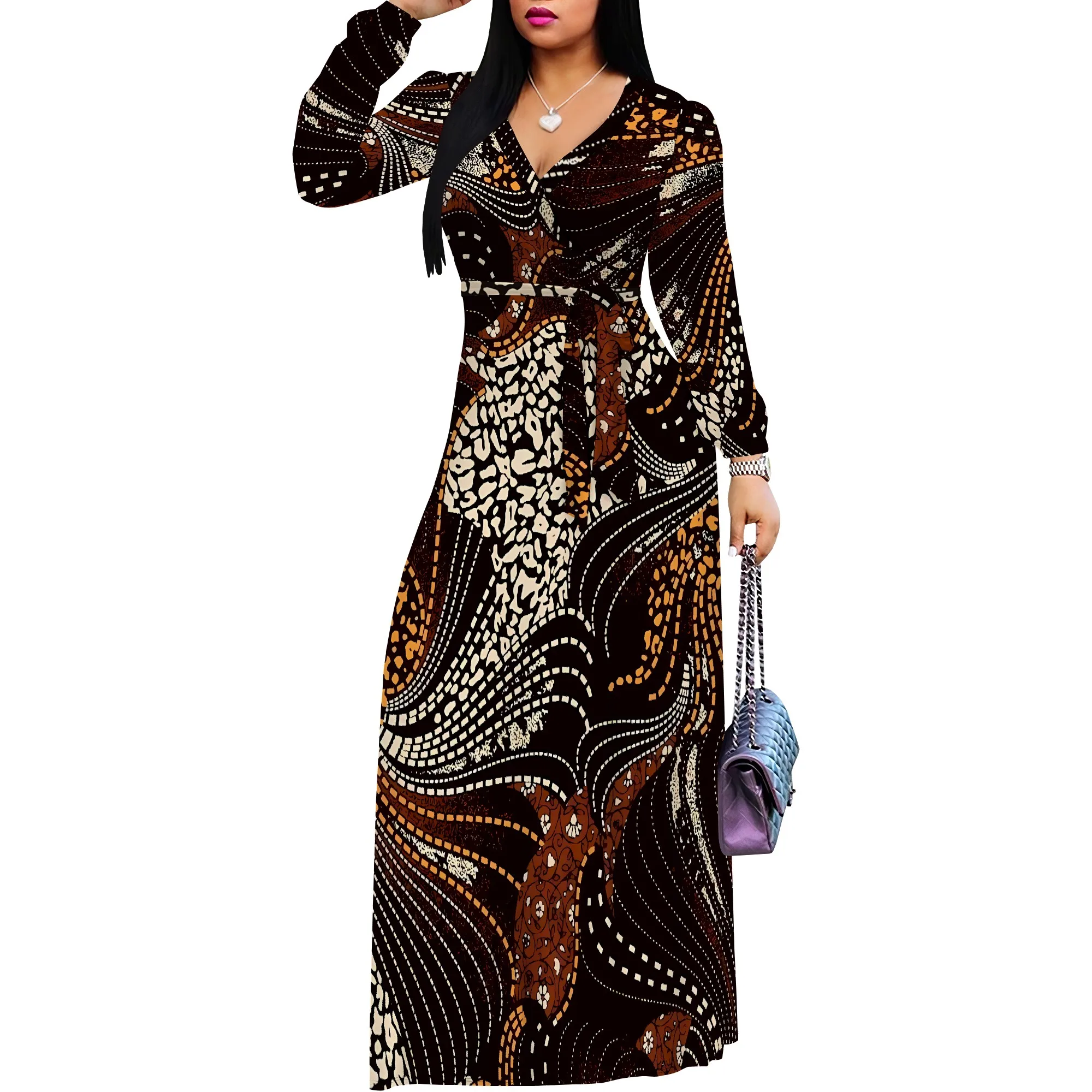 فستان نسائي طويل الأكمام ورقبة على شكل حرف V بني اللون مع حزام بوليستر كاجوال خريفي أنيق