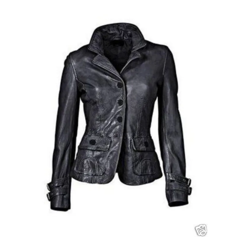 Classic Women Genuine Lambskin Real Leather Blazer Slim Fit Designer Black Coat