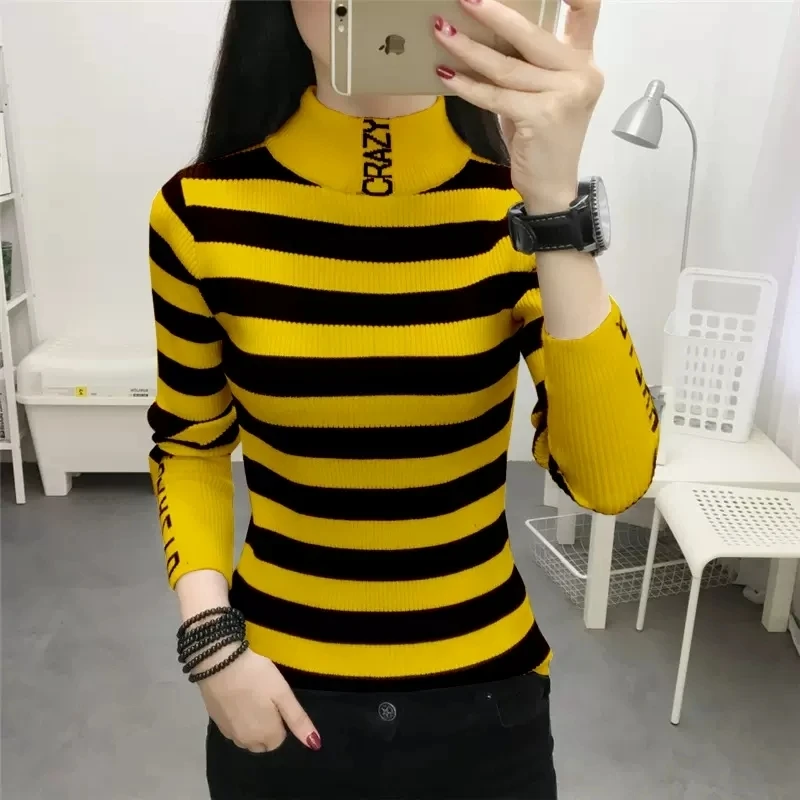 Autumn Winter Women Stripe Pullover Sweater half-turtleneck bottom Clothes Women High Neck Slim Basic Sweaters Tops M-3XL