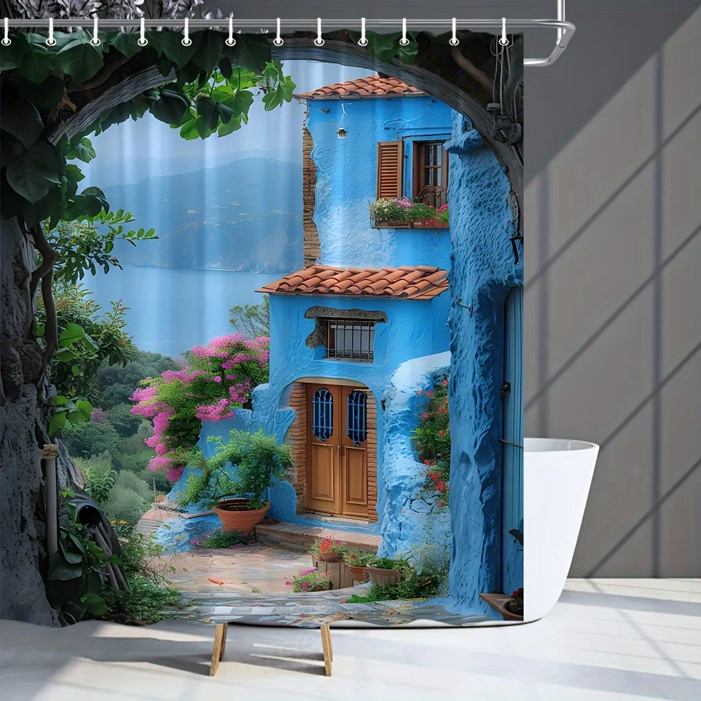 Mediterranean Village Shower Curtain Blue Coastal European Style Bathroom Decor Waterproof Curtain