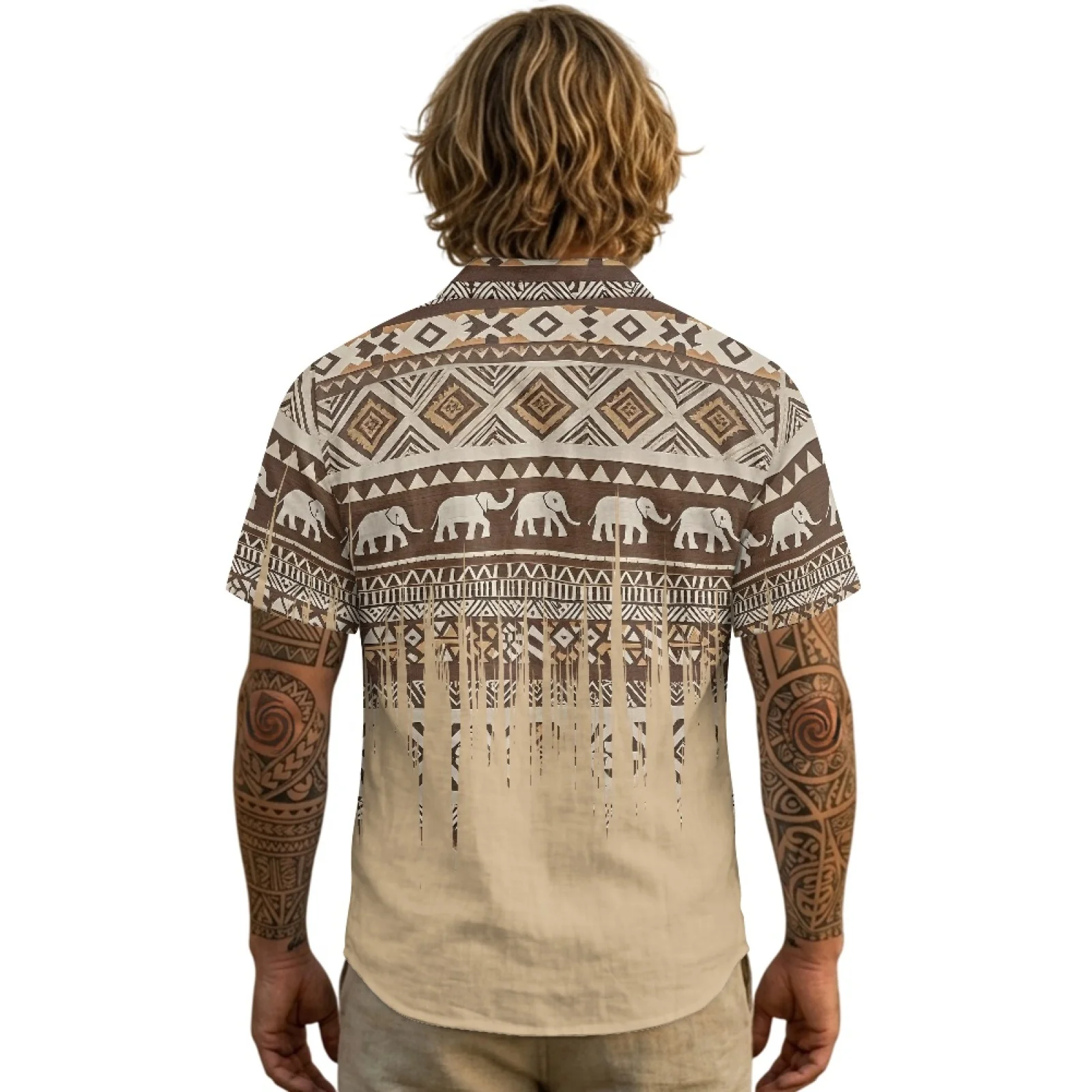 PENSTROLL Geometric Linen Style Mens Hawaiian Shirt for Outdoor Single Breasted Lapel Button Down Men's Shirts