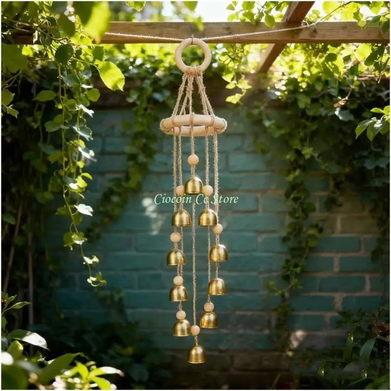X90F Rusty Wooden Wind Chimes With Golden Bells Outdoor Garden Decoration
