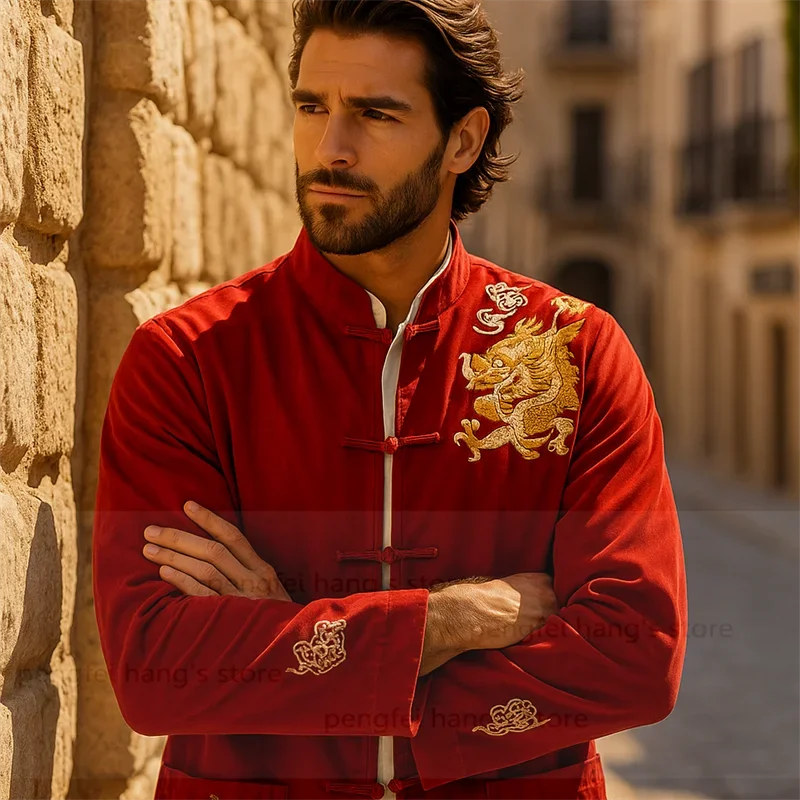 

Men's Kungfu Shirt Casual Taichi Costume Jacket Chinese Style Red Embroider Dragon Coat Tang Clothes Vintage Button Down Hanfu