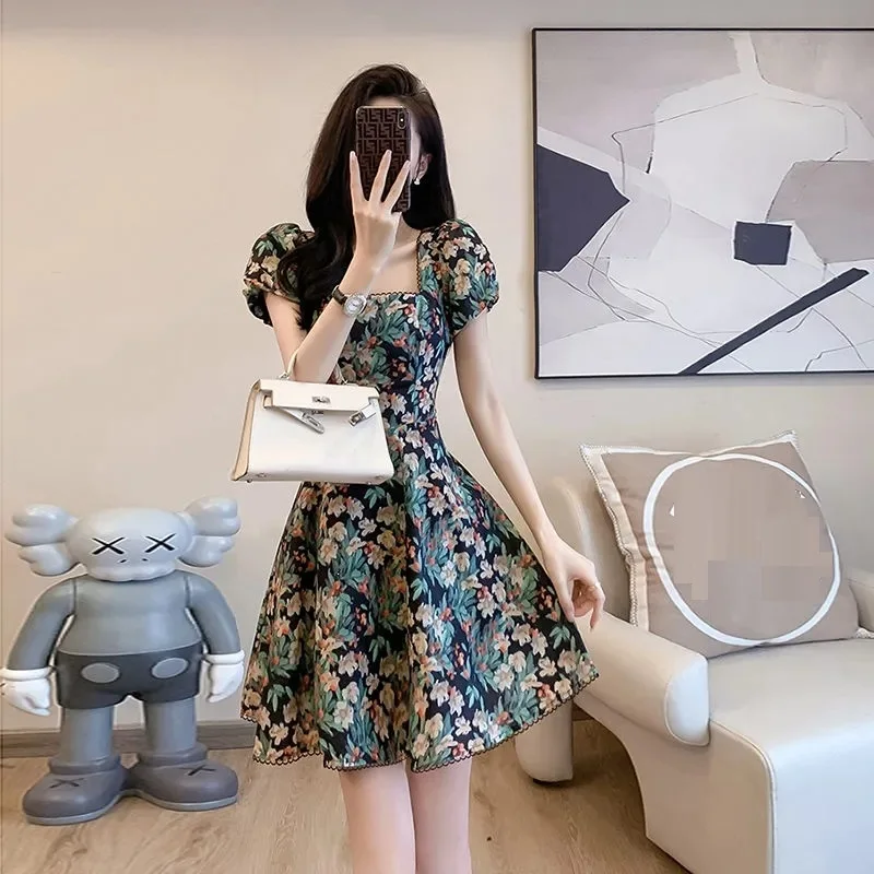 2024 New Summer Mini Dress Women High Waist Female Floral Dress Elegant Square Neck Fashion Clothing for Woman