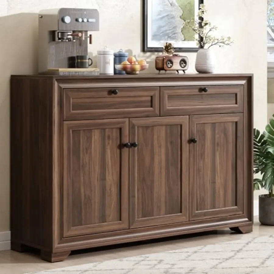 48 Inch Sideboard Buffet Cabinet with Storage for Dining Room, Wood, Natural Finish, Ample Concealed Storage and Smooth Gliding