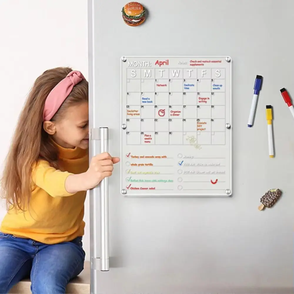 Acrylic Fridge Calendar Clear Monthly Planner Meetings Magnetic Dry Erase Board with 8 Markers Fridge Magnetic