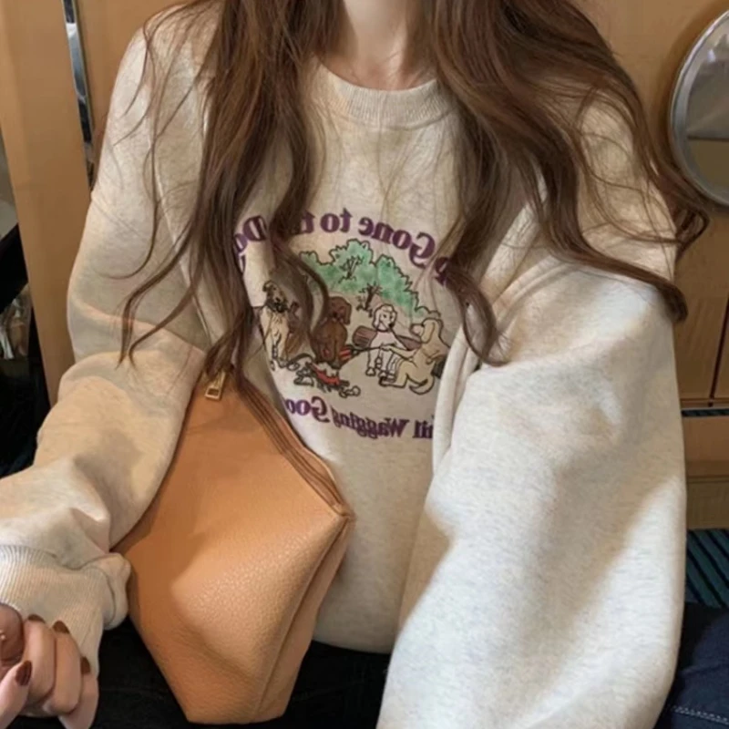 

Fall 2025 Chic Long American Style Fleece Lined Hoodless Sweatshirt Women's Spring Autumn Fashionable Small Size Korean Style