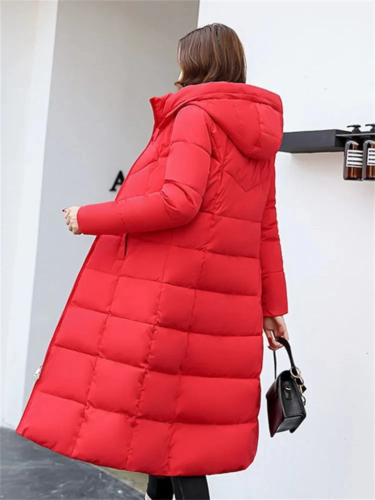 2025 novo inverno parka casaco longo feminino whitethhick quente para baixo casaco de algodão moda com capuz parka puffer à prova de vento neve casaco