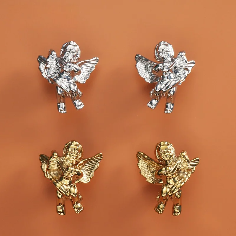 Pure Brass Angel Shape Cabinet Pull Chrome Silver Gold Single Hole Drawer Handle Wardrobe Decorative Creative Hardware