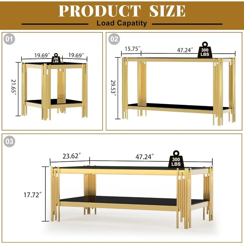 طقم طاولة قهوة زجاجية مكونة من 3 قطع، طاولة قهوة من الزجاج المقسى باللون الأسود مكونة من طبقتين من الفولاذ المقاوم للصدأ - للفتيات #3