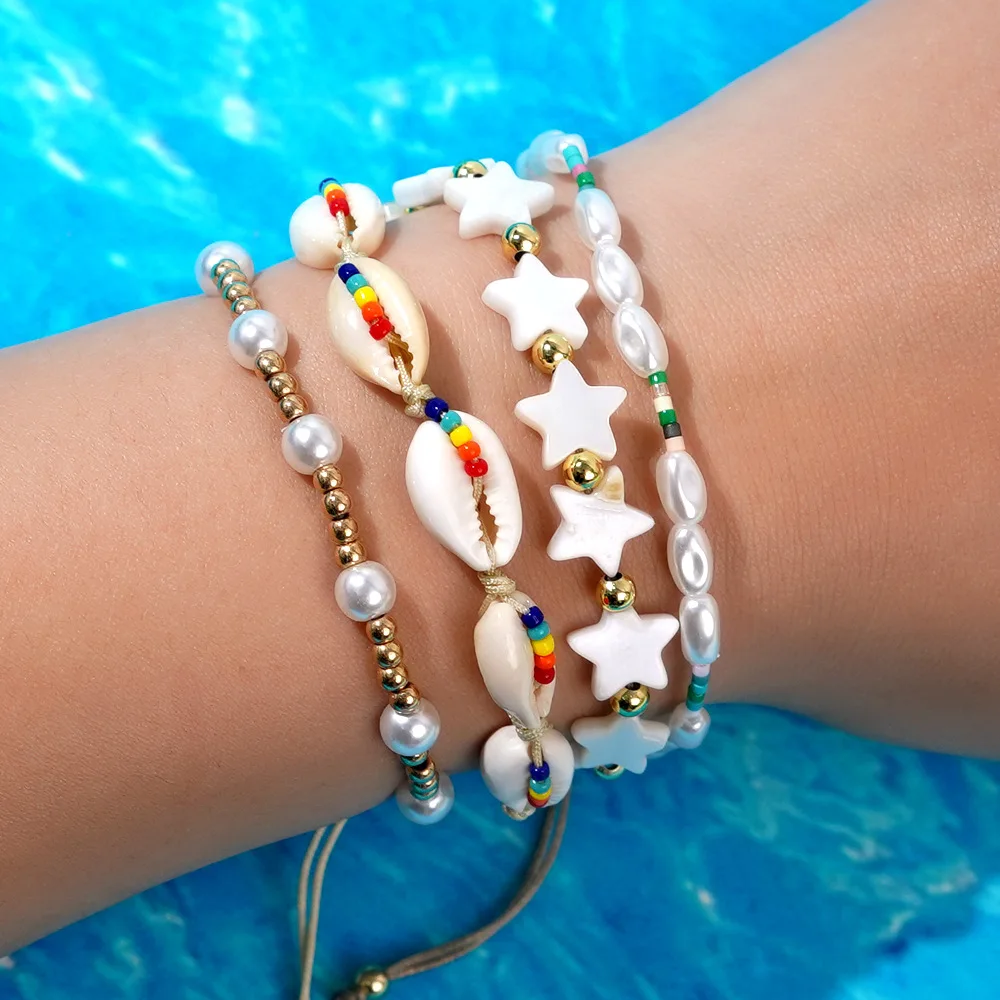 Beaded bracelet Originality Five-pointed star Sea shell Pearl Hand knitting Bohemia Adjustable Tide Rice bead bracelet set