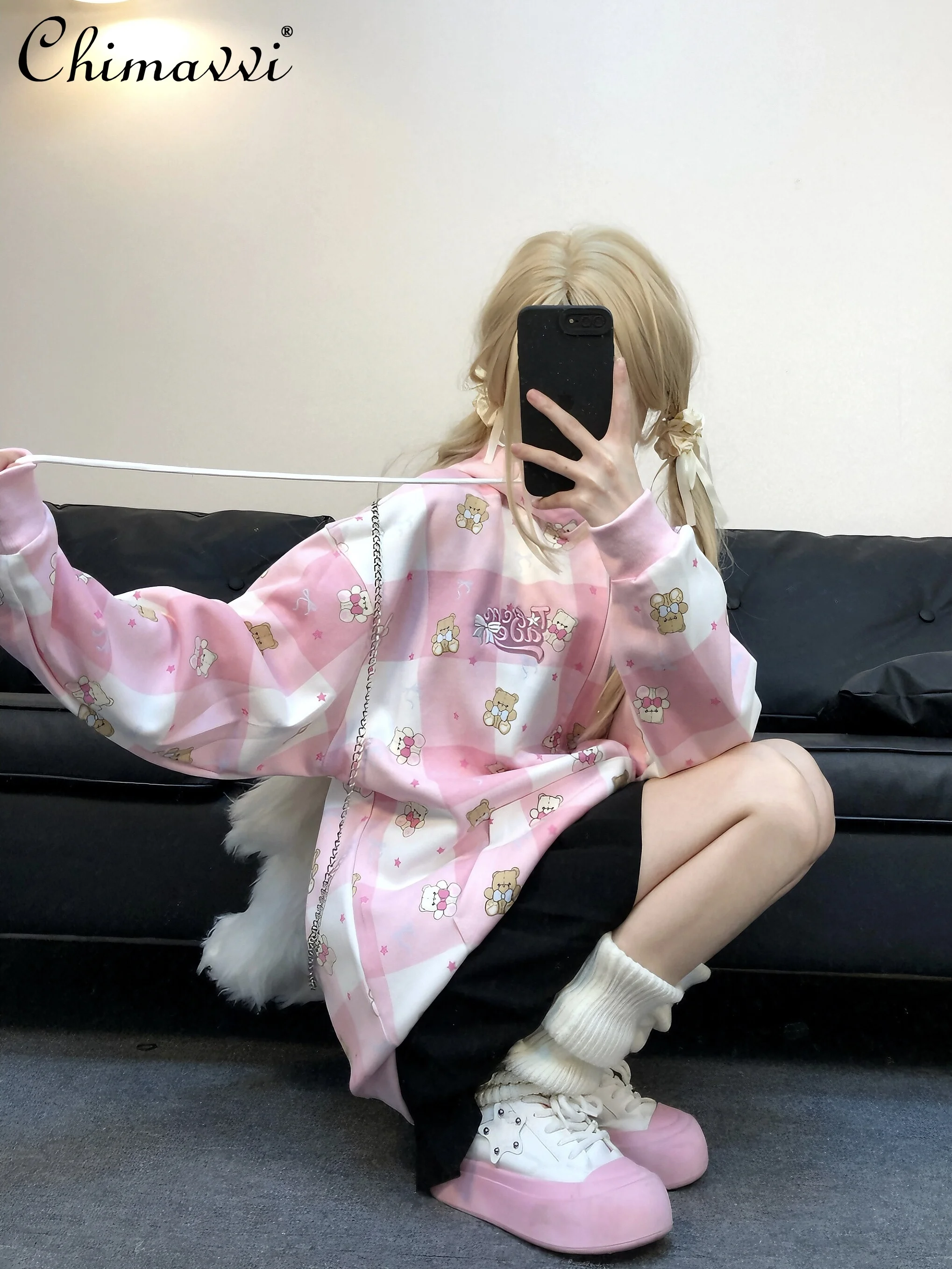 

Original Sweet and Cute Bear Print Plaid Hooded Sweatshirt Jacket Women's Autumn and Winter New Fashion Zipper Cardigan Top