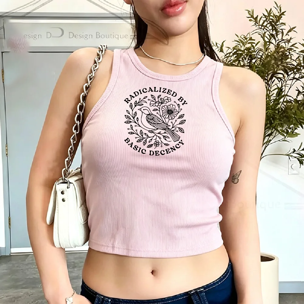 Ribbed Crop Top Y2k Camisole Fitted Tank Top Floral Pattern Bird Graphic Text Radicalized By Basic Decency Funny Outdoors Tops