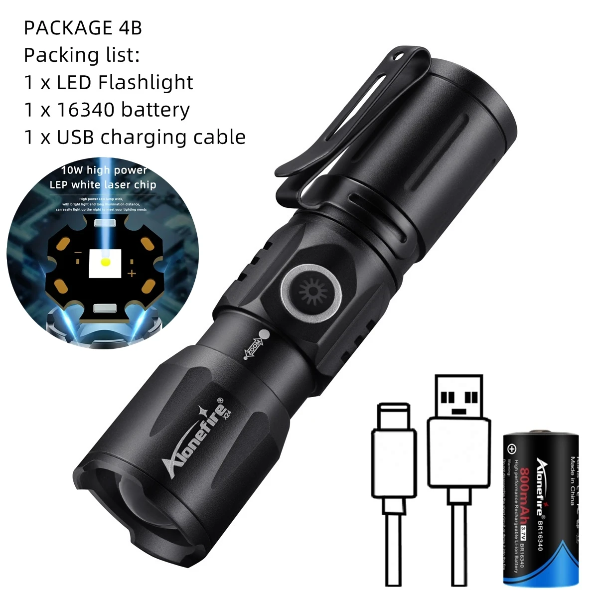 Zoom White Beam Light Langstrecken-Mini-Taschenlampe Typ C USB wiederaufladbare tragbare Taschenlampe für Zuhause und draußen, 16340-Akku