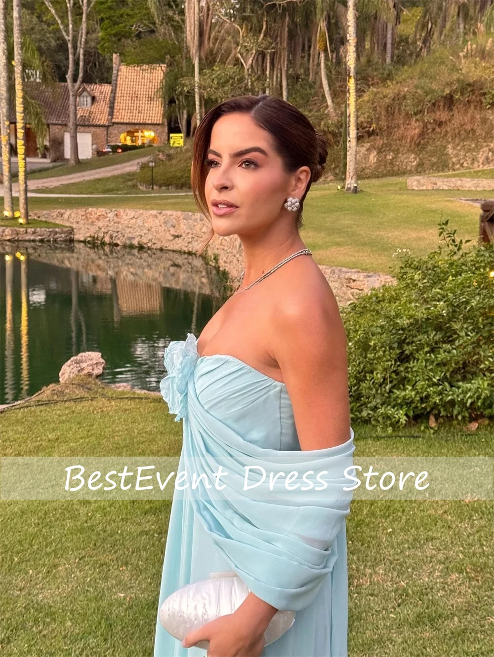 Customized Modern Style Chiffon Pleat Handmade Flower A-line Off-the-shoulder Floor Length Dresses Bespoke Occasion with Court