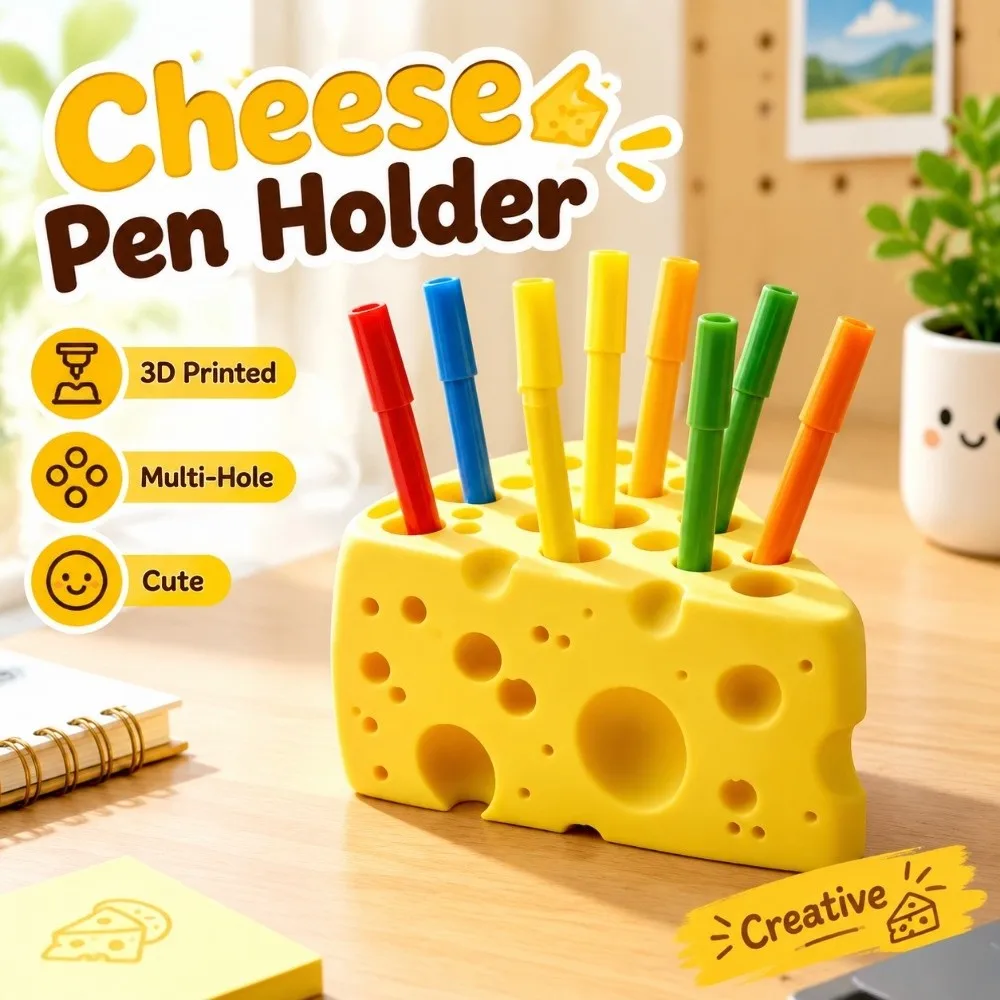 Funny 3D Printed Cheese Pen Holder Multi-Hole Cute Desktop Organizer Durable Yellow Stationery Stand Student