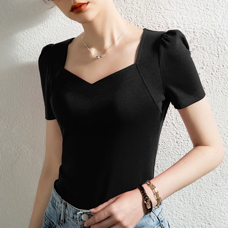 French Solid Color Bubble Sleeve T-Shirt women\'s short sleeve slim V-neck pure cotton white top summer S XL 2XL 3XL